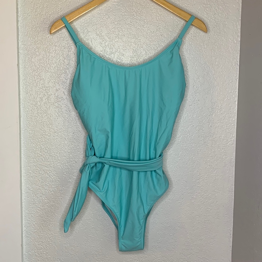 Cupshe Aqua Blue Tie Waist One Piece Swimsuit NWT Size Large Mermaid Poolside